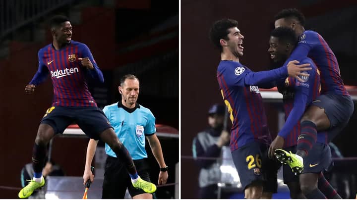 Dembele celebrating his goal with barcelona team players